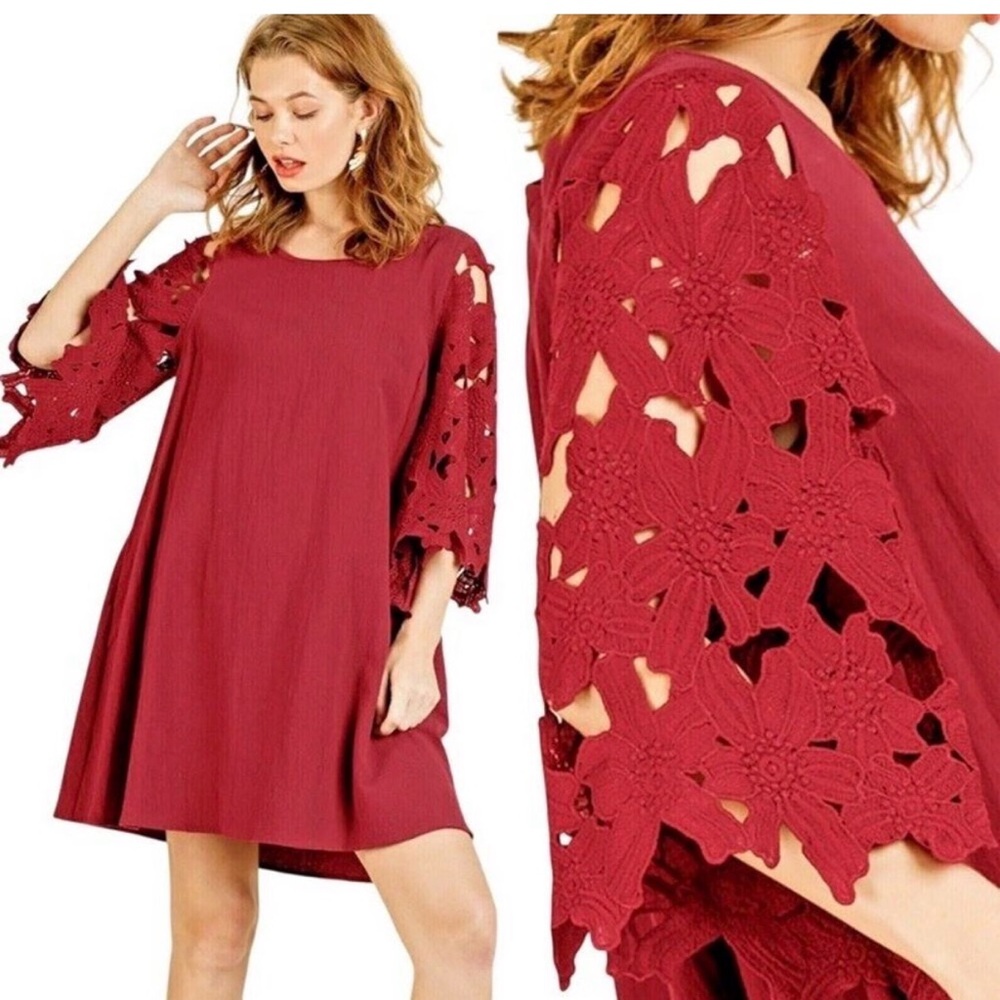 Umgee Red Mini Dress with Floral Lace Sleeves